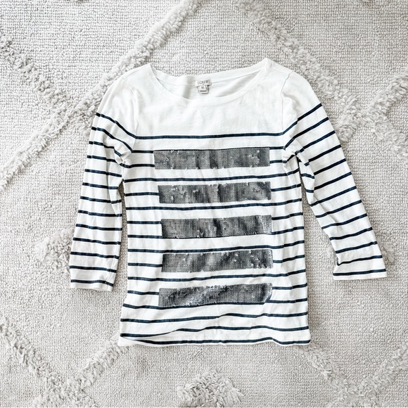 J. Crew Tops - Jcrew Cream and Navy Long Sleeved Shirt with Sequin Stripes - Size XS